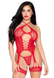2pc Heart Net Halter Cami and G-String Panty - Os - Red