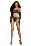 Lace Bralette Set With Gloves - Os - Black