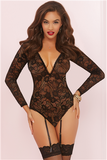 Long Sleeve Teddy With Garters - One Size - Black