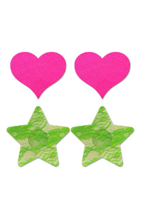 Fashion Pasties Set - Neon Pink Satin Heart and  Neon Green Lace Star