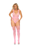 Floral Lace Teddy with Strappy Back Detail and Matching Stockings - Candy Pink - Qs