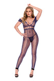 Crochet Net Footless Bodystocking with Cap Sleeves, Open Crotch - Midnight Blue - Os Midnight Blue Os