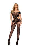 Crochet Net Suspender Bodystocking with Off the Shoulder Sleeves and Cut Out Sides - Black - Os