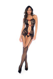 Noir and Rouge Floral Fishnet Bodystocking - Os - Black/red