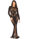Black Lace and Net Body Con Gown -  With Heart Keyhole Detail - Os