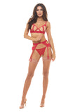 Twist Every Way Chain Bra, Garter and Crotchless G-String 3pc - Red - M/l