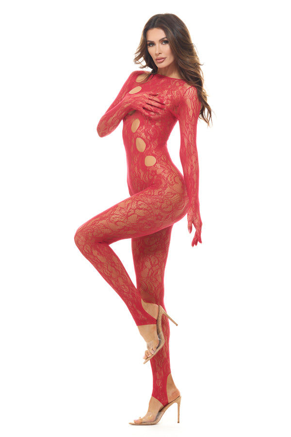 Split Up Lace Bodystocking - Red - Os