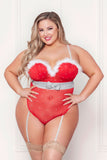 Rhinestone Studded Mesh Teddy With Marabou Trim - 1x/2x - Red