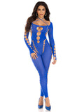 Opaque Cut Out Footless Bodystocking - One Size - Royal Blue