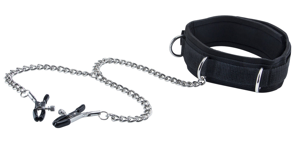 Velcro Collar With Nipple Clamps - Black