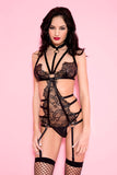 Lace Garter Teddy With Multiple Straps and O-Rings - One Size - Black