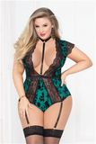 Flocked Mesh Bodysuit W/garter - Green - 1x2x