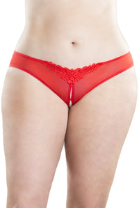 Crotchless Thong With Pearls and Venise Detail - Red - 3x4x