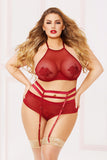Applique & Mesh Bra Set - 3x4x - Burgundy