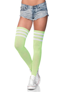 3 Stripes Athletic Ribbed Thigh Highs - One Size - Neon Green