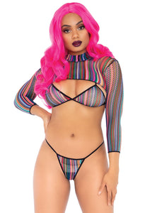 3 Pc Fishnet Bikini G-String and Crop Top - One Size - Multicolor
