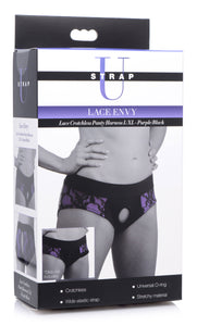 Lace Envy Crotchless Panty Harness - S- M Black and Purple