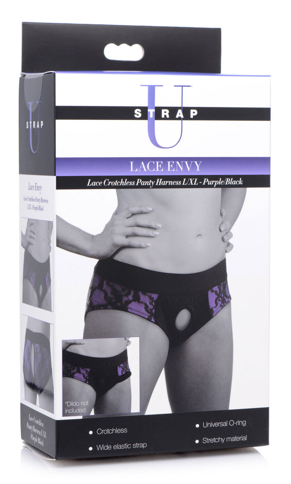 Lace Envy Crotchless Panty Harness - S- M Black and Purple