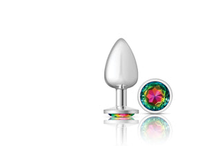 Cheeky Charms - Silver Metal Butt Plug - Round - Rainbow - Large