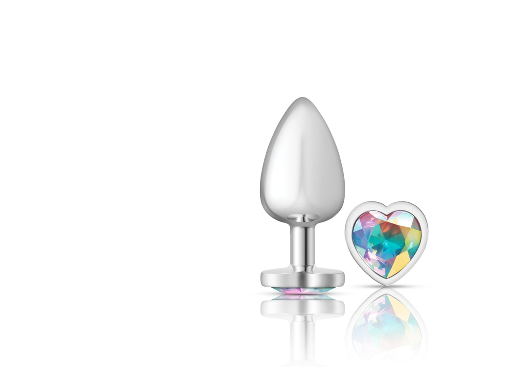 Cheeky Charms - Silver Metal Butt Plug - Heart - Clear - Large